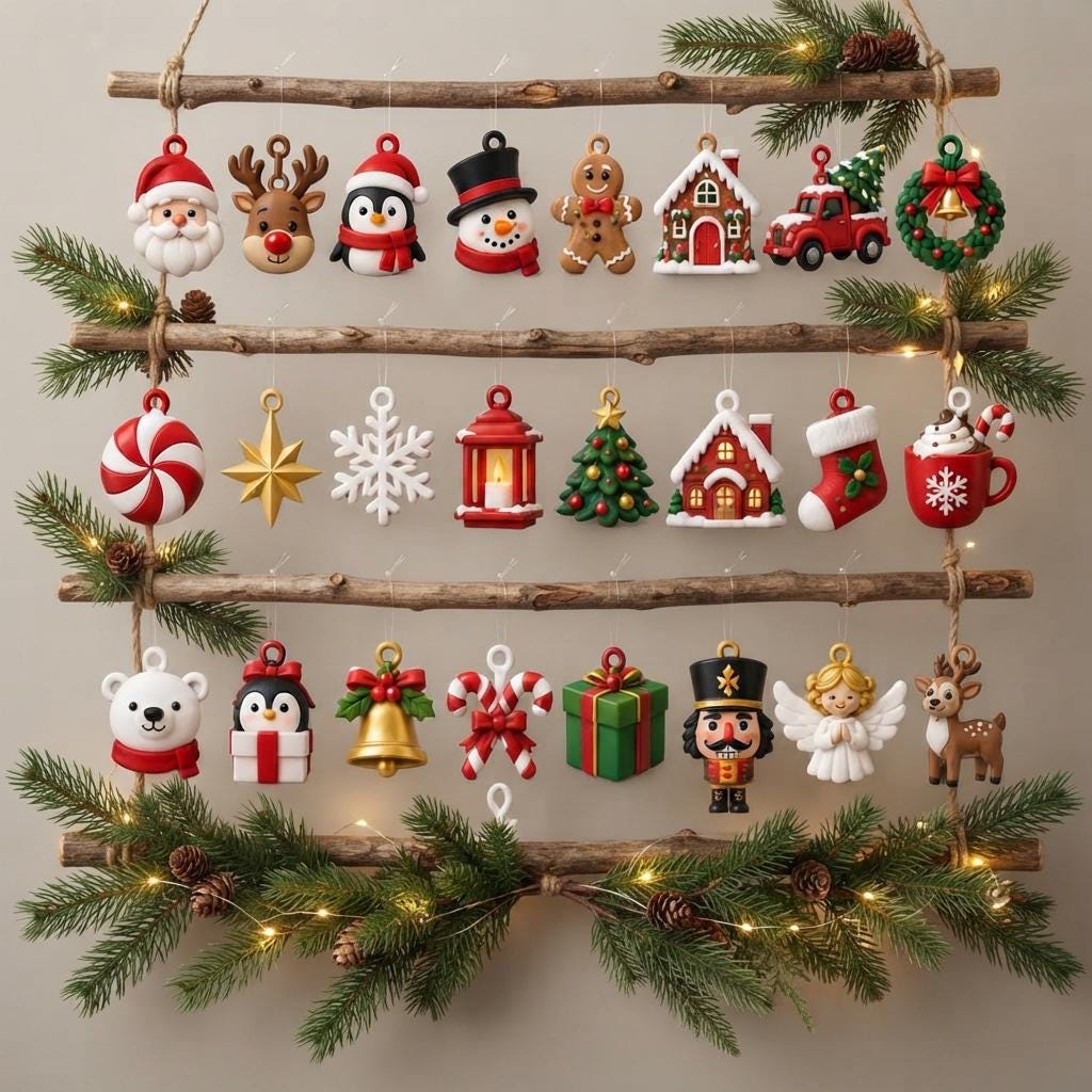 May include: A wall-hanging display featuring three horizontal wooden branches decorated with evergreen sprigs and string lights. Twenty-one assorted Christmas ornaments hang from the branches, including figures of Santa, reindeer, penguins, snowmen, gingerbread, houses, a truck, a wreath, a star, a snowflake, a lantern, a tree, a stocking, a mug, a bear, a bell, candy canes, a gift, a nutcracker, and an angel.
