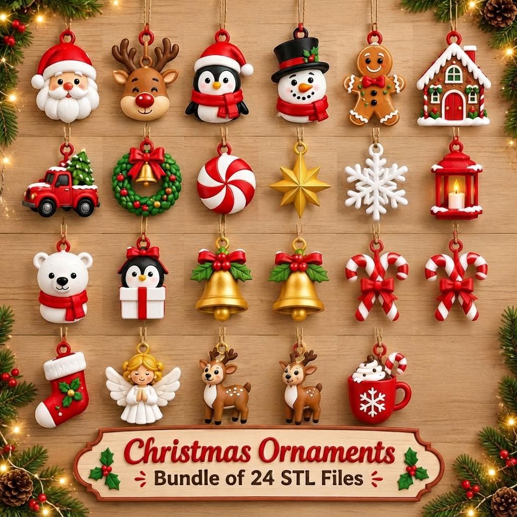 May include: A collection of 24 Christmas ornaments including Santa, reindeer, penguins, a snowman, gingerbread man, house, truck, wreath, peppermint, star, snowflake, lantern, bear, bells, candy canes, stocking, angel, and cocoa mug.