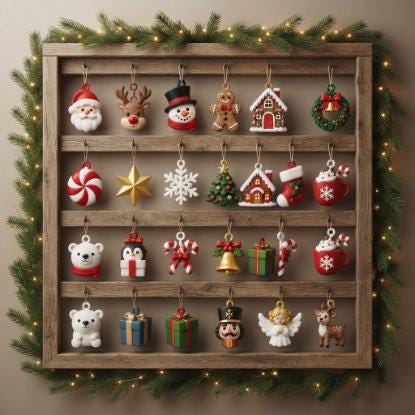 May include: A wooden advent calendar display frame featuring four horizontal shelves holding twenty-four miniature Christmas ornaments, including Santa, reindeer, snowman, gingerbread man, house, wreath, star, snowflake, tree, stocking, and cocoa mug.