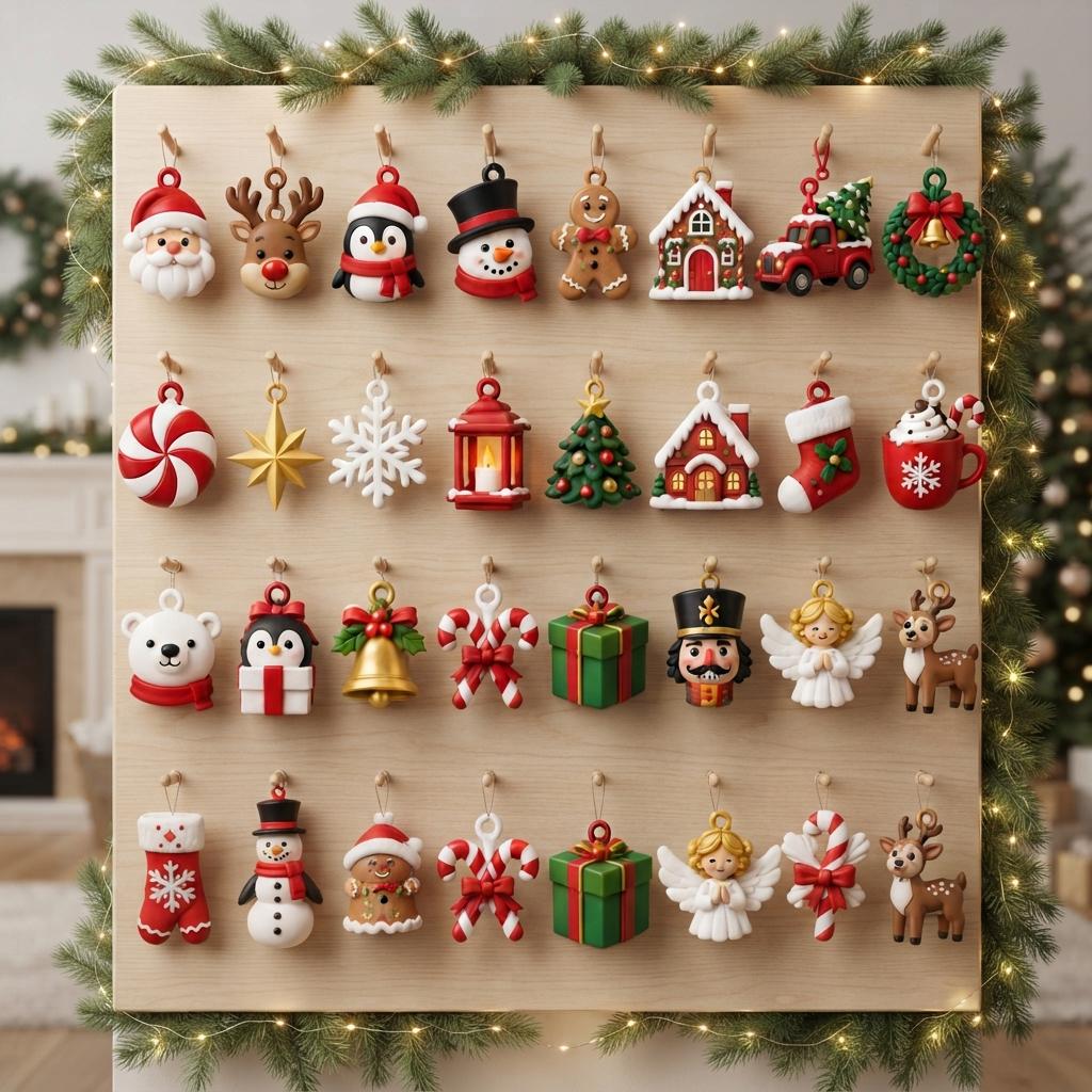 May include: A light-colored wooden board featuring four rows of hanging Christmas ornaments. The collection includes figures of Santa, reindeer, snowmen, gingerbread people, penguins, nutcrackers, angels, houses, gift boxes, candy canes, and stockings.