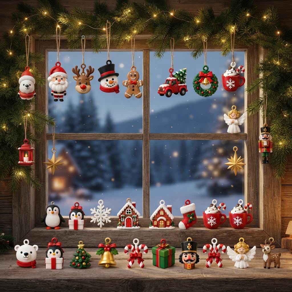 May include: A collection of Christmas ornaments featuring various figures including Santa Claus, a reindeer, a snowman, a gingerbread man, a red truck, a wreath, a nutcracker, a penguin, a snowflake, houses, a stocking, and mugs.