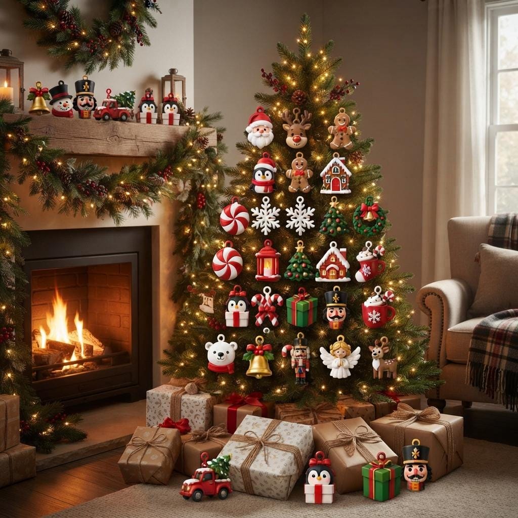 May include: A decorated Christmas tree features various ornaments including Santa, reindeer, gingerbread figures, nutcrackers, penguins, candy canes, and peppermint swirls. Wrapped gift boxes are placed at the base of the tree.