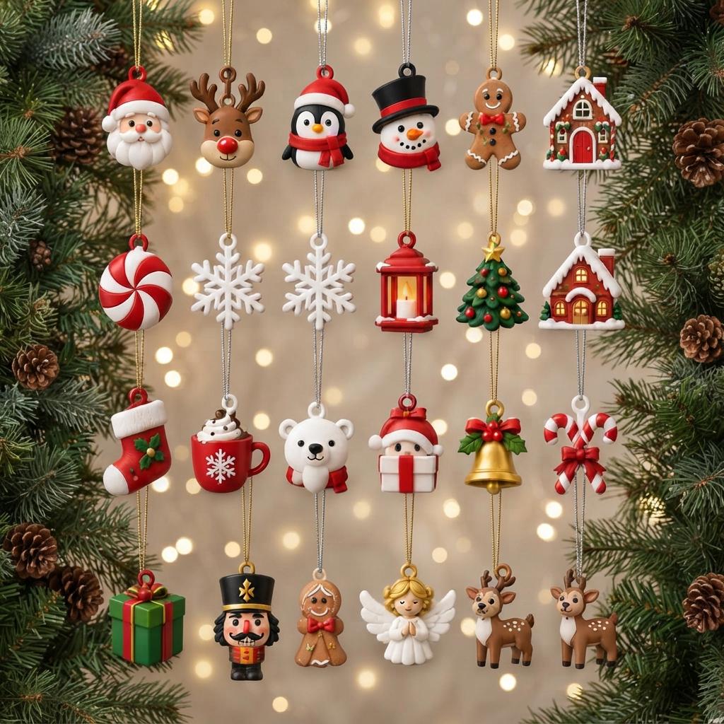 May include: A collection of twenty-four hanging Christmas ornaments featuring various figures including Santa Claus, a reindeer, a penguin, a snowman, a gingerbread person, houses, snowflakes, a lantern, a tree, a stocking, a mug, a bear, a gift, a nutcracker, an angel, and candy canes.