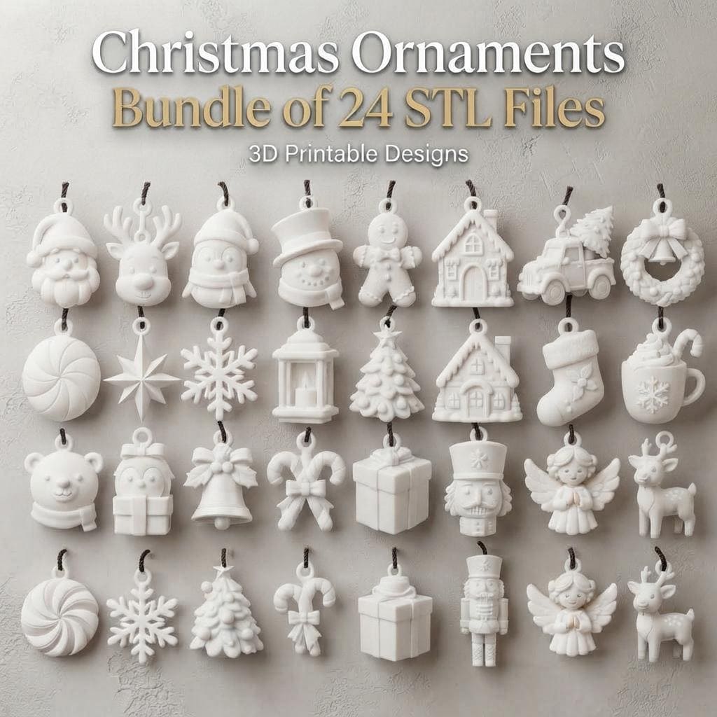 May include: A collection of 24 white 3D printable Christmas ornaments featuring various holiday shapes including Santa, reindeer, snowflakes, houses, and gifts. The text "Christmas Ornaments Bundle of 24 STL Files 3D Printable Designs" is displayed at the top.