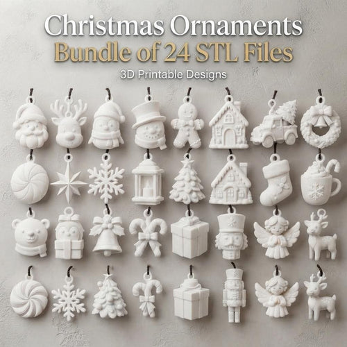 May include: A collection of 24 white 3D printable Christmas ornaments featuring various holiday shapes including Santa, reindeer, snowflakes, houses, and gifts. The text "Christmas Ornaments Bundle of 24 STL Files 3D Printable Designs" is displayed at the top.
