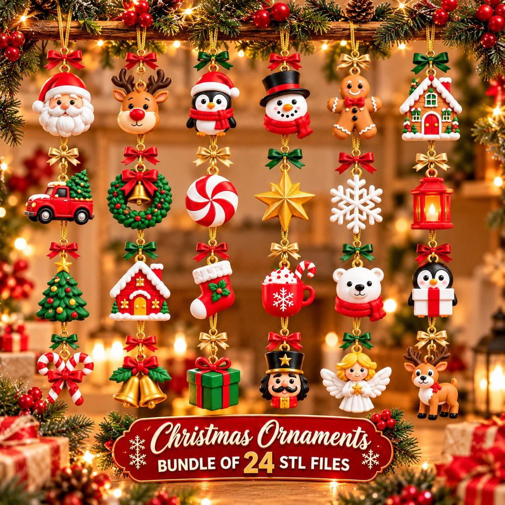 May include: A collection of 24 Christmas ornaments hanging in six vertical rows, featuring figures like Santa, reindeer, penguins, snowmen, gingerbread men, houses, trucks, wreaths, stars, snowflakes, stockings, cocoa mugs, polar bears, nutcrackers, and angels.