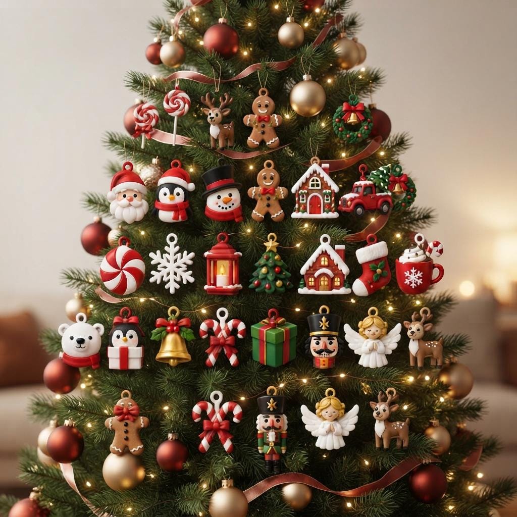May include: A decorated Christmas tree featuring various hanging ornaments including gingerbread figures, nutcrackers, reindeer, penguins, Santa Claus, snowmen, houses, candy canes, bells, angels, gift boxes, and red and gold baubles.
