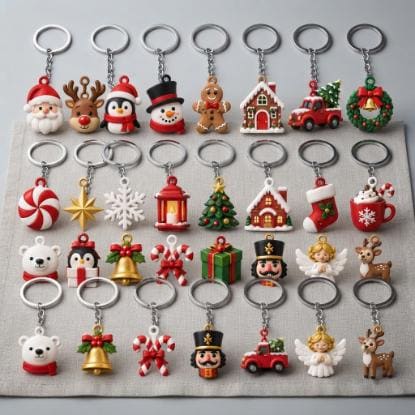 May include: A collection of twenty-eight Christmas-themed keychains featuring various figures including Santa Claus, reindeer, penguins, snowmen, gingerbread men, houses, trucks, wreaths, peppermint candies, stars, snowflakes, lanterns, trees, stockings, mugs, bears, bells, candy canes, gifts, nutcrackers, angels, and deer.