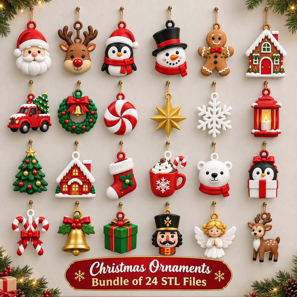 May include: A collection of 24 Christmas ornaments including Santa, reindeer, penguin, snowman, gingerbread man, house, truck, wreath, peppermint, star, snowflake, lantern, tree, stocking, cocoa, bear, gift, nutcracker, angel, and candy cane.