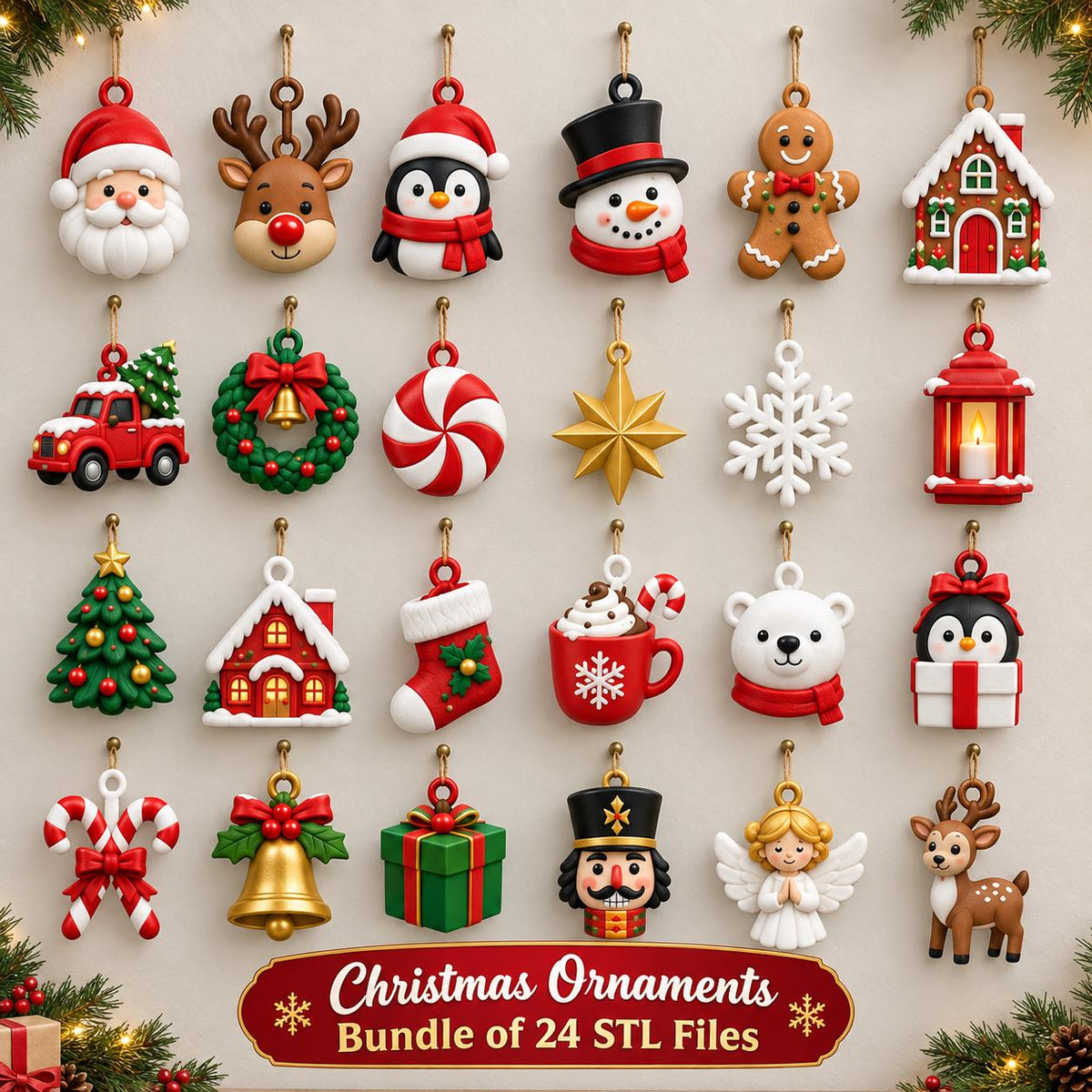 May include: A collection of 24 Christmas ornaments including Santa, reindeer, penguin, snowman, gingerbread man, house, truck, wreath, peppermint, star, snowflake, lantern, tree, stocking, cocoa, bear, gift, nutcracker, angel, and candy cane.