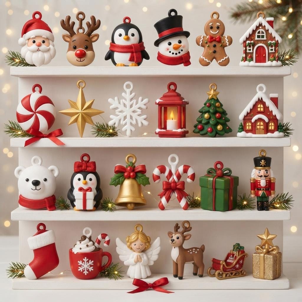 May include: A collection of twenty-four miniature Christmas ornaments arranged on a white four-tiered shelf. The ornaments include figures of Santa, reindeer, penguins, a snowman, gingerbread man, houses, stars, snowflakes, lanterns, trees, bells, candy canes, gifts, a nutcracker, a stocking, a cocoa mug, an angel, and a sleigh.