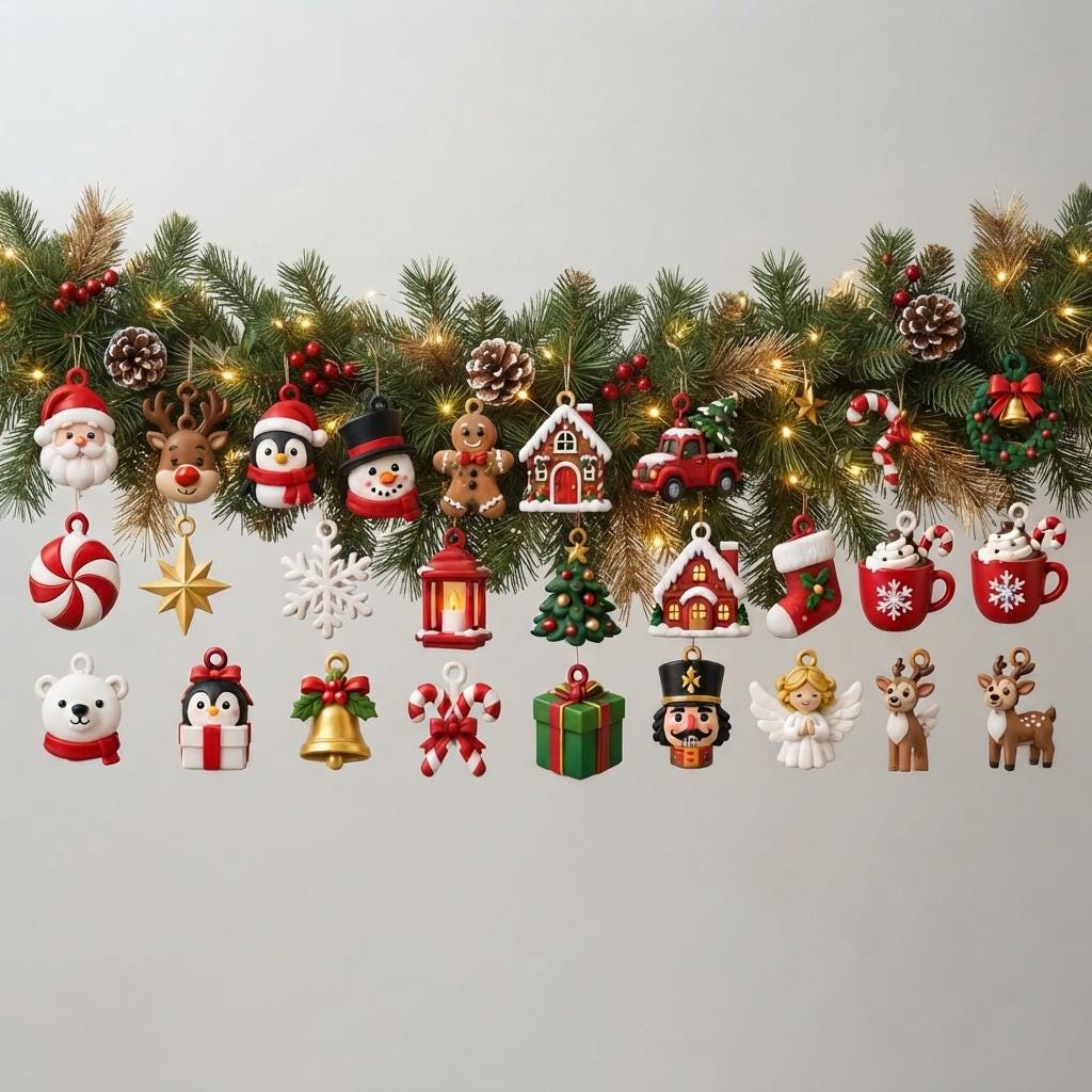 May include: A collection of miniature Christmas ornaments hanging from a green pine garland with warm lights. The set includes figures of Santa, reindeer, penguins, snowmen, gingerbread, houses, a nutcracker, an angel, and holiday icons.