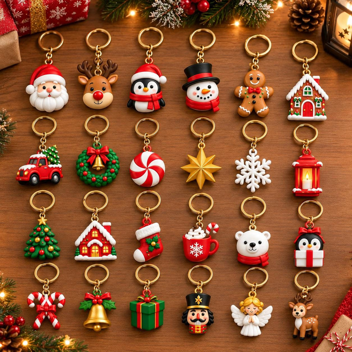 May include: A collection of twenty-four Christmas-themed keychains arranged in four rows. The charms feature figures including Santa Claus, a reindeer, a penguin, a snowman, a gingerbread man, a house, a truck, a wreath, a candy cane, a star, a snowflake, a lantern, a tree, a stocking, a mug, a polar bear, a gift, a nutcracker, an angel, and a deer.