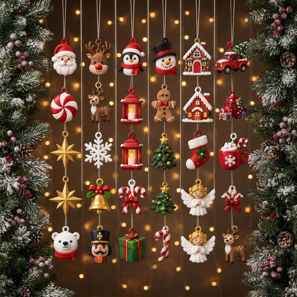 May include: A collection of thirty miniature Christmas ornaments hanging on strings, featuring figures like Santa, reindeer, penguins, snowmen, gingerbread men, nutcrackers, angels, houses, trucks, trees, stars, snowflakes, and candy canes.
