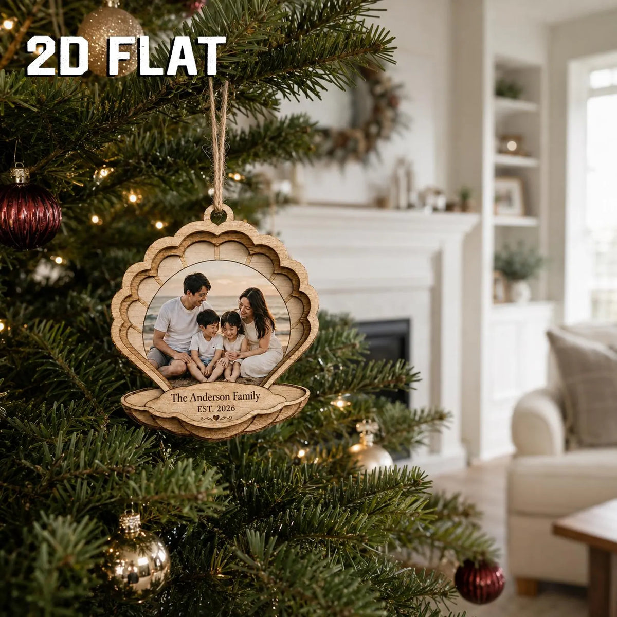 Personalized Photo Christmas 2d Flat Ornament, Custom Family Wooden Ornament 2026, Seashell Photo Keepsake, Family Name Gift 	COBILUMIE95
