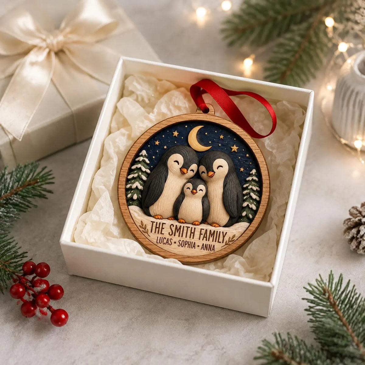 Personalized Penguin Family Wooden Ornament, Custom Family Christmas Ornament, Penguin Christmas Gift, Family Name Keepsake	COBILUMIE100