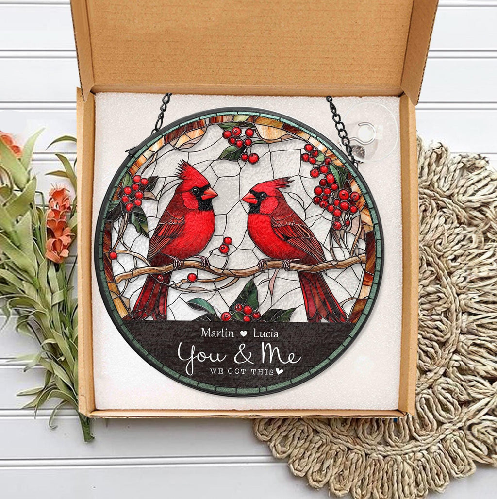 Personalized Cardinal Couple Glass Suncatcher, Cardinal Glass Art, Valentine Gifts, Anniversary Gift, Gift For Couple, Home Decor. SCBILUMIE1
