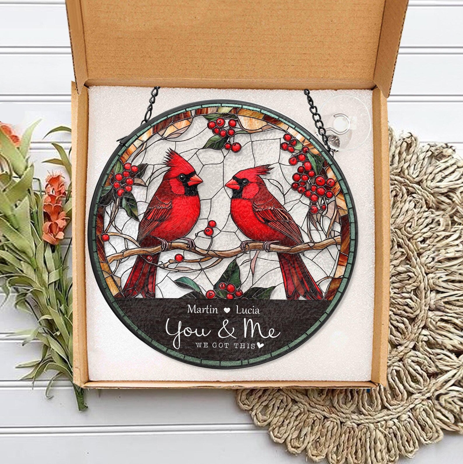 Personalized Cardinal Couple Glass Suncatcher, Cardinal Glass Art, Valentine Gifts, Anniversary Gift, Gift For Couple, Home Decor. SCBILUMIE1