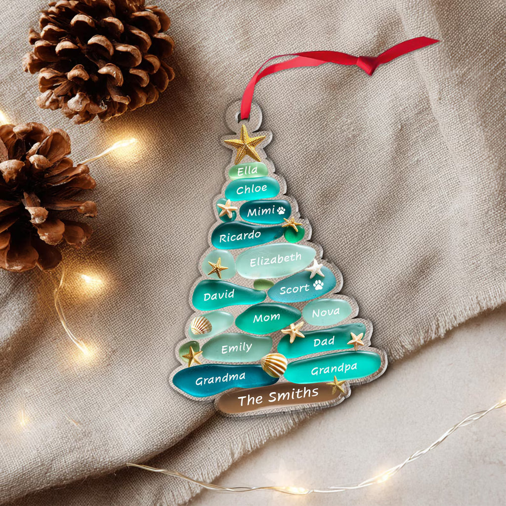 Custom Family Tree Sea Glass Christmas Ornament, Custom Family Name Ornament, Coastal Christmas, Family Christmas Gift, Christmas Decor. COBILUMIE28