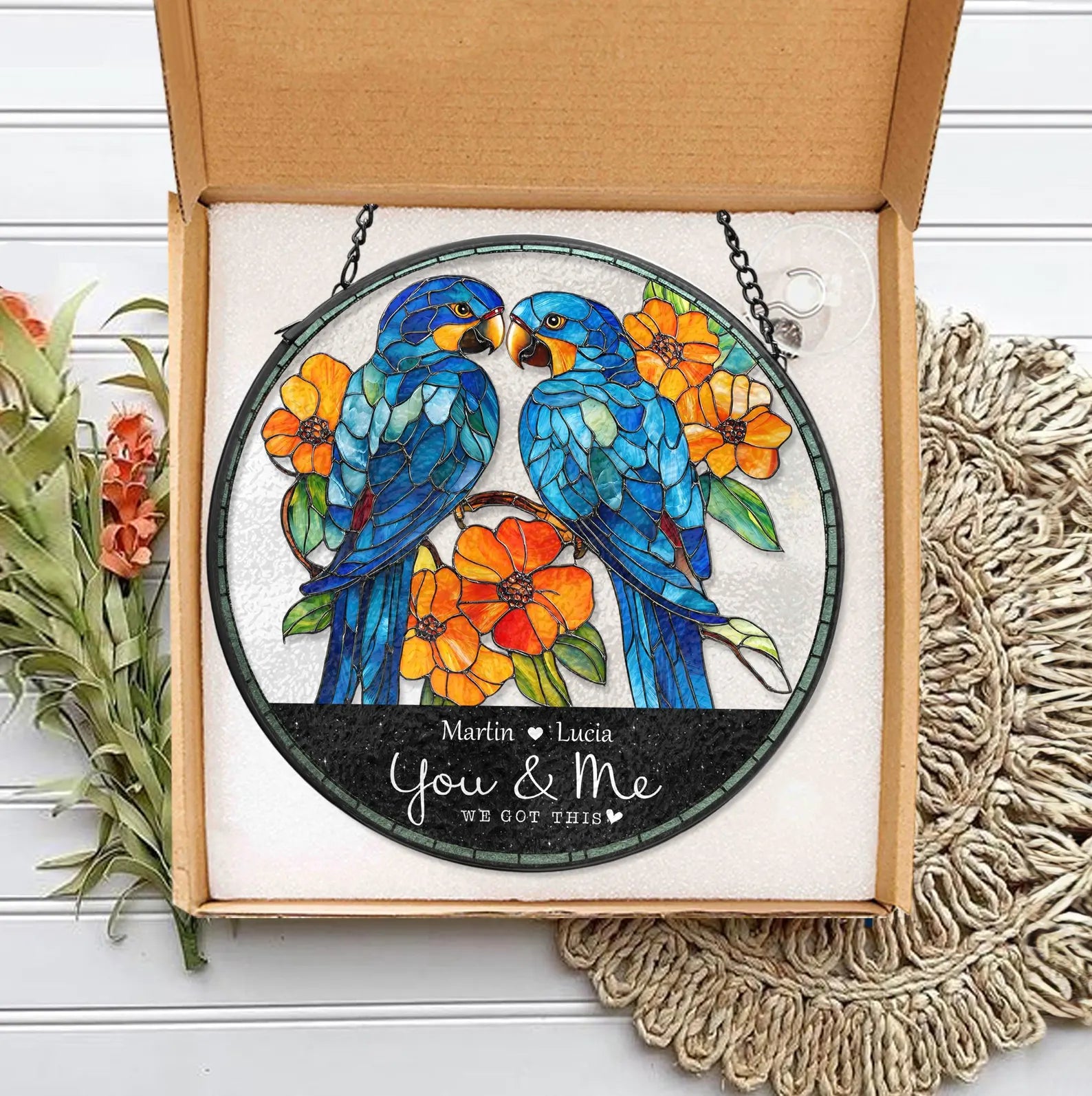 Personalized Parrot Couple Glass Suncatcher, Parrot Glass Art, Gift For Couple, Anniversary Gift, Parrot Lover Gift, Valentine Gifts. SCBILUMIE9
