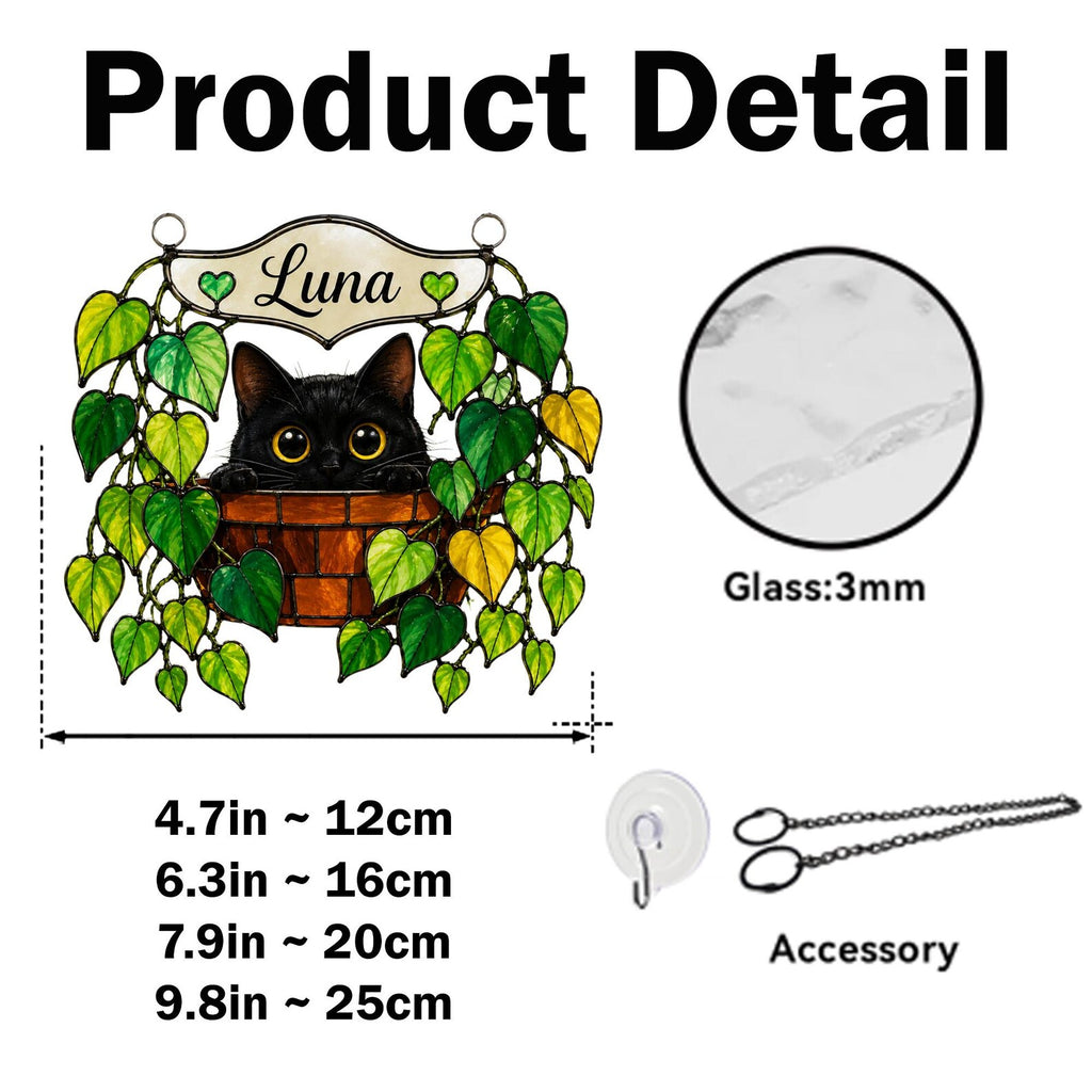 Personalized Black Cat Glass Suncatcher, Pothos Plant Suncatcher, Cat Lover Gift, Plant Mom Gift, Botanical Glass Art, Window Hanging. SCCBILUMMIE11