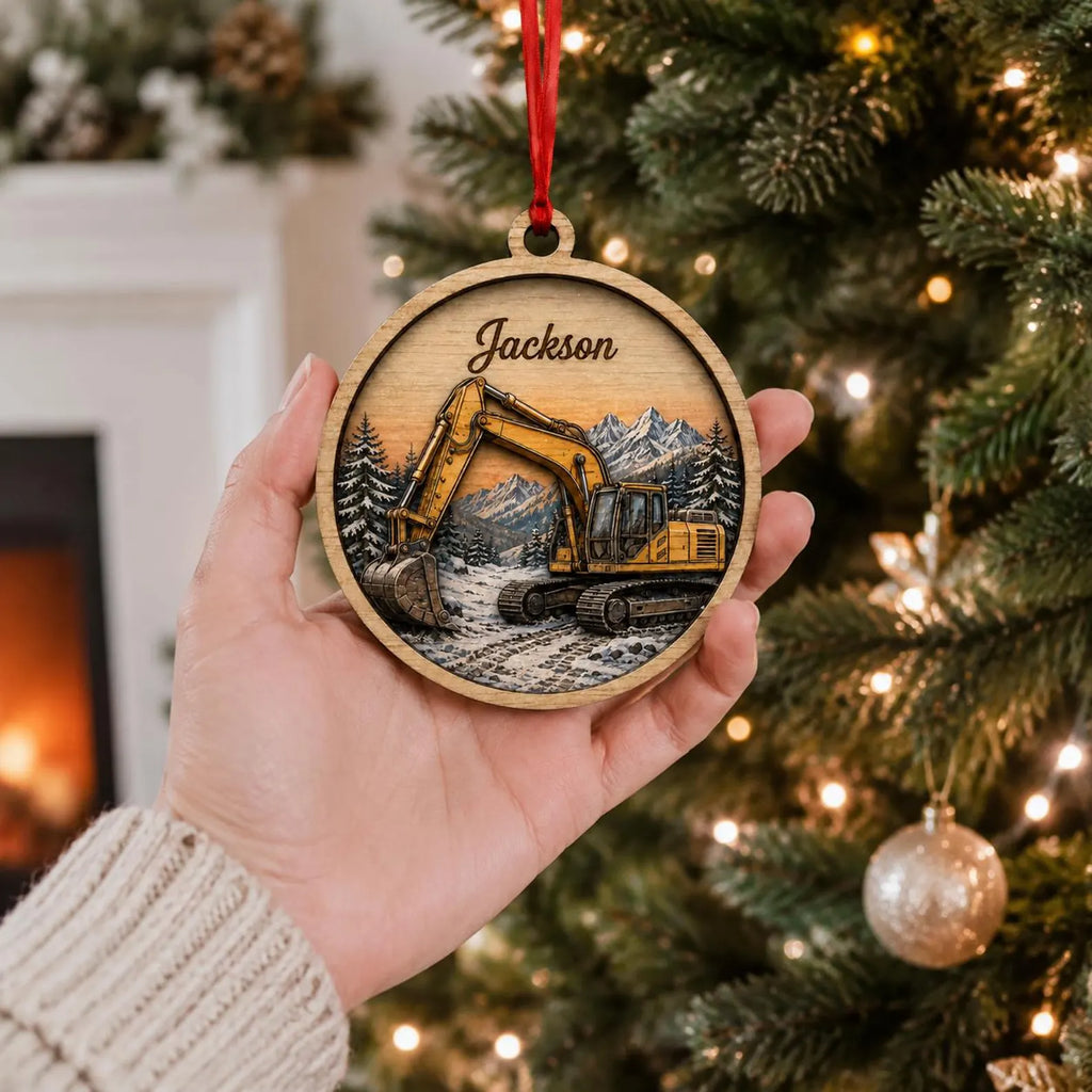 Personalized Excavator Wooden Ornament, Custom Name Construction Christmas Ornament, Digger Ornament, Heavy Equipment Gift for Boys	COBILUMIE97