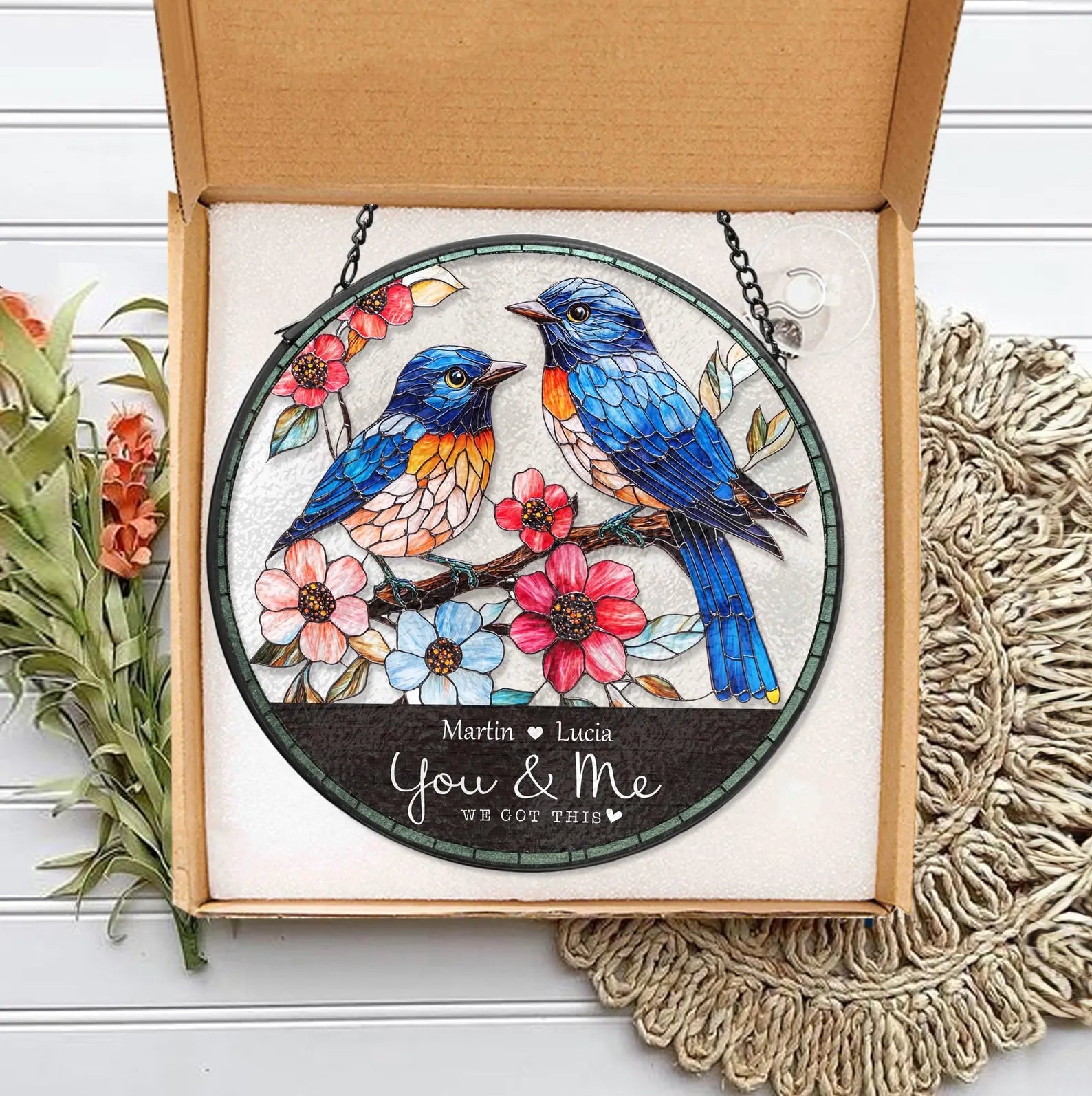 Personalized Bluebird Couple Glass Suncatcher, Bird Glass Suncatcher, Gift For Couple, Valentine Gifts, Bird Lover Gift, Anniversary Gift. SCBILUMIE8