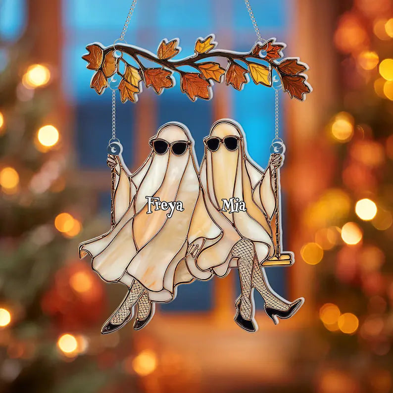 Custom Halloween Ghosts Suncatcher – Best Friends Gift, Ghost Besties Halloween Decor, Spooky Bestie Gift, Halloween Window Hanging, SCCBILUMIE2