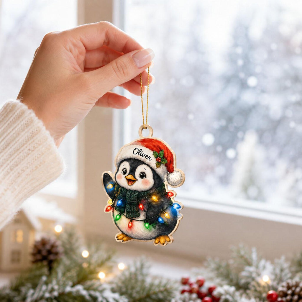 Personalized Penguin Wooden Ornament, Custom Name Christmas Ornament, 2D Flat Penguin Christmas Gift, Kids Holiday Keepsake	COBILUMIE106