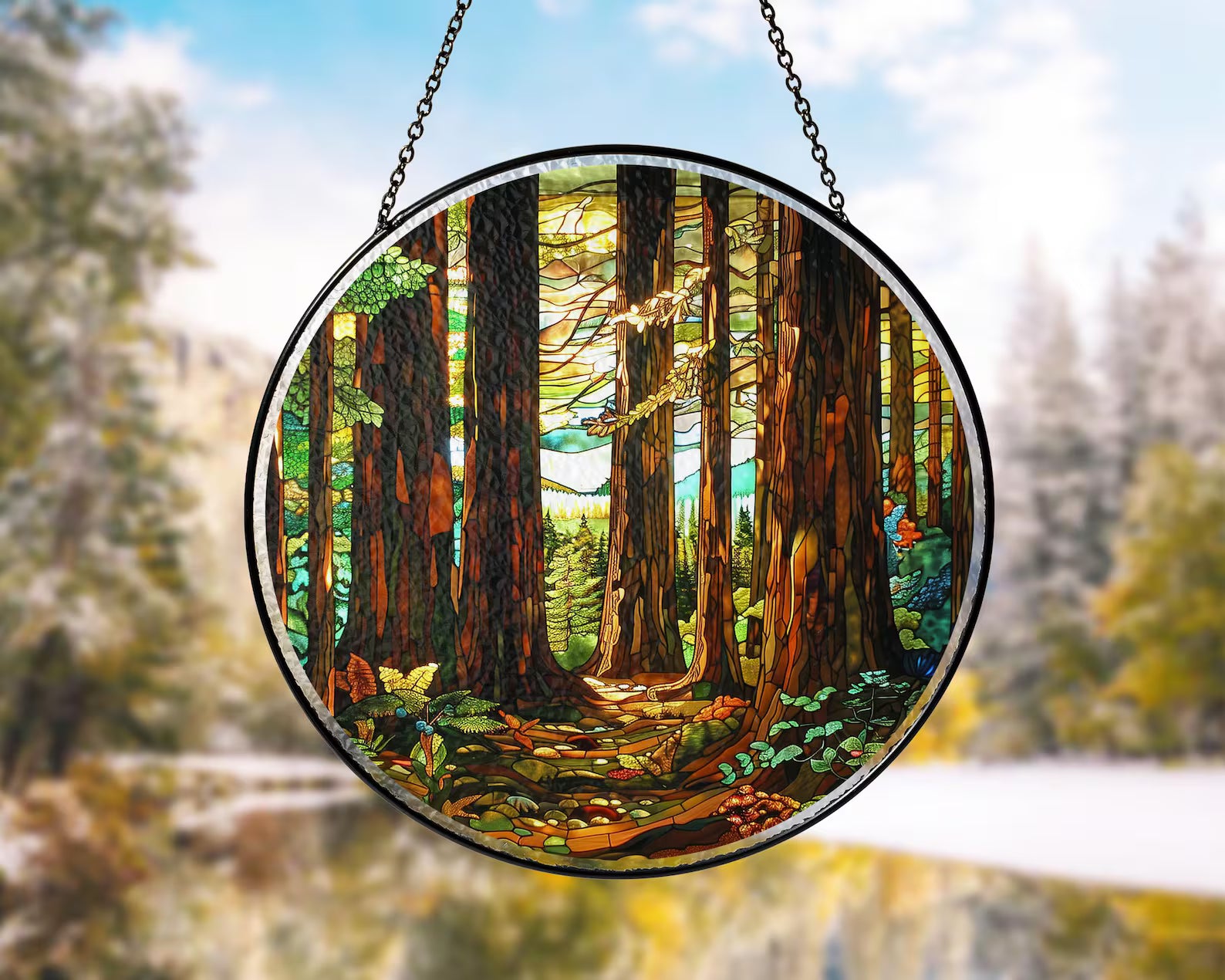 Redwood National Park Glass Suncatcher, Forest Glass Suncatcher, US National Parks Window Hangings, Window Decor, Housewarming Gift. SCBILUMIE24