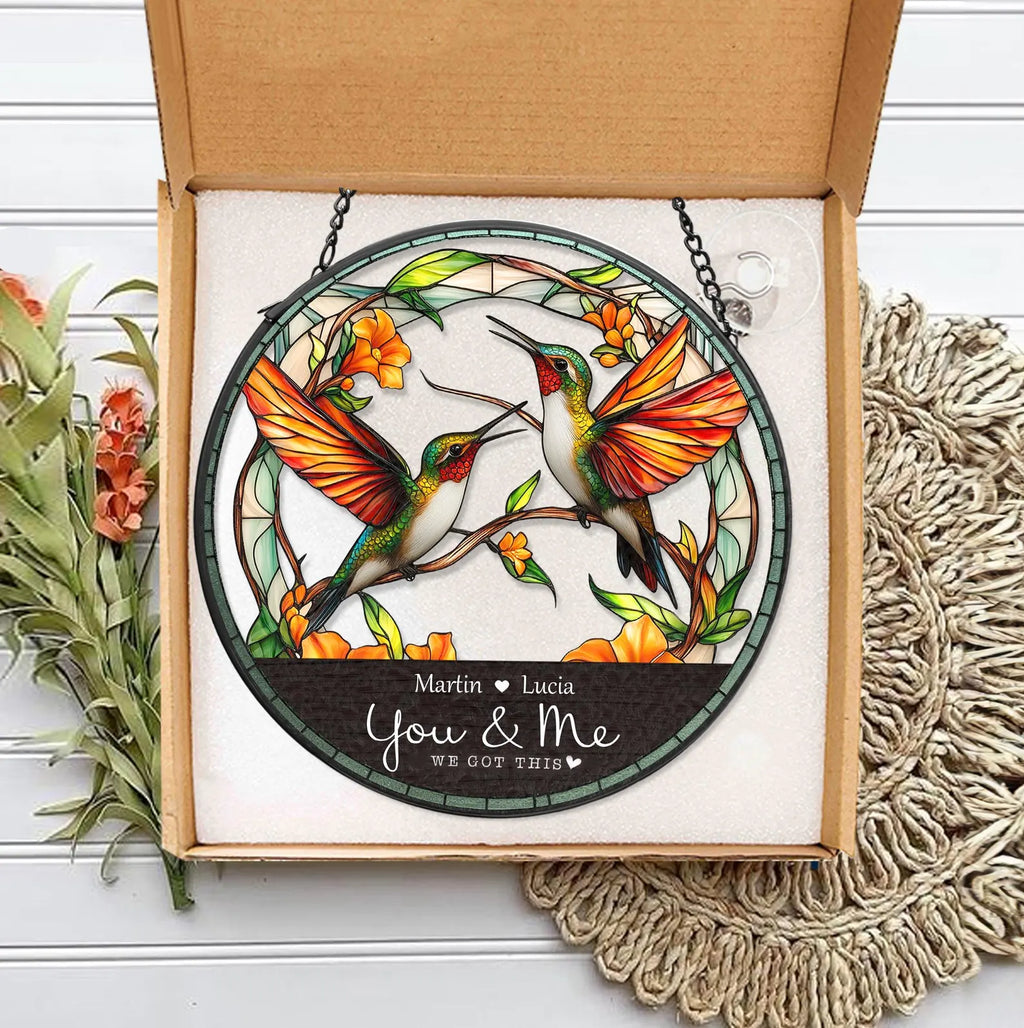 Personalized Hummingbird Couple Glass Suncatcher, Valentine Gifts, Hummingbird Glass Art, Gift For Couple, Anniversary Gift, Home Decor. SCBILUMIE3