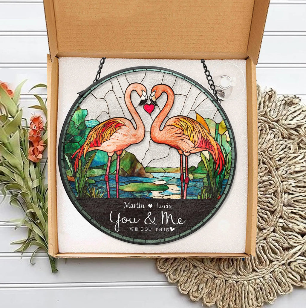 Custom Pink Flamingo Couple Glass Suncatcher, Flamingo Glass Art, Gift For Couple, Flamingo Decor, Flamingo Lover Gift, Valentine Gifts. SCBILUMIE7