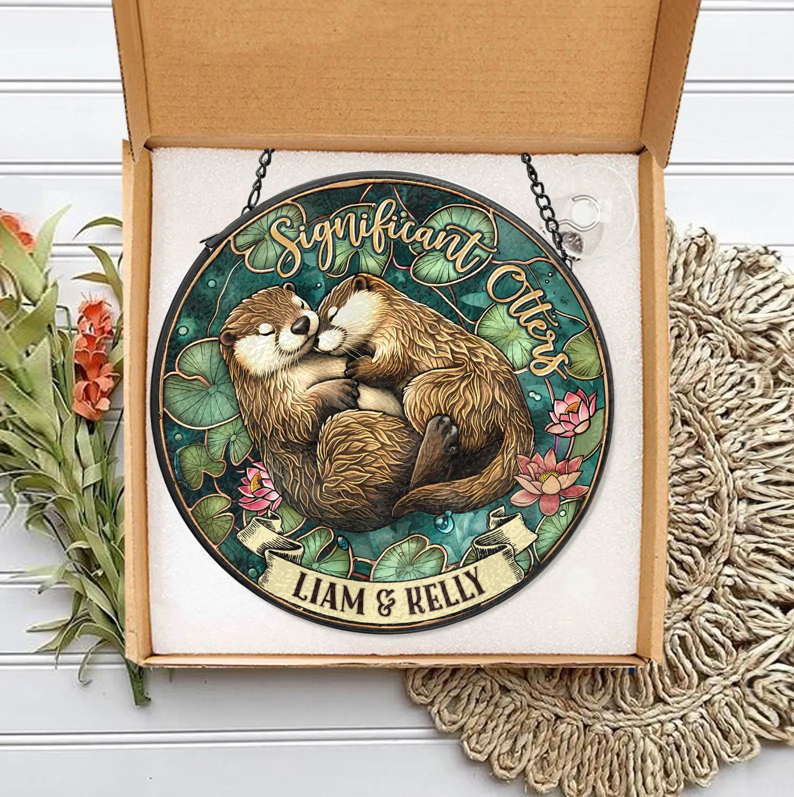 Personalized Otter Couple Glass Suncatcher, Animal Glass Suncatcher, Valentine Gifts, Anniversary Gift, Gift For Couple, Otter Gift. SCBILUMIE6