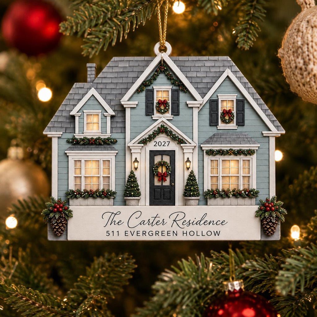 Personalized 2D Flat House Christmas Ornament, Custom New Home Wooden Ornament, Family Address Gift, Housewarming Keepsake	COBILUMIE90
