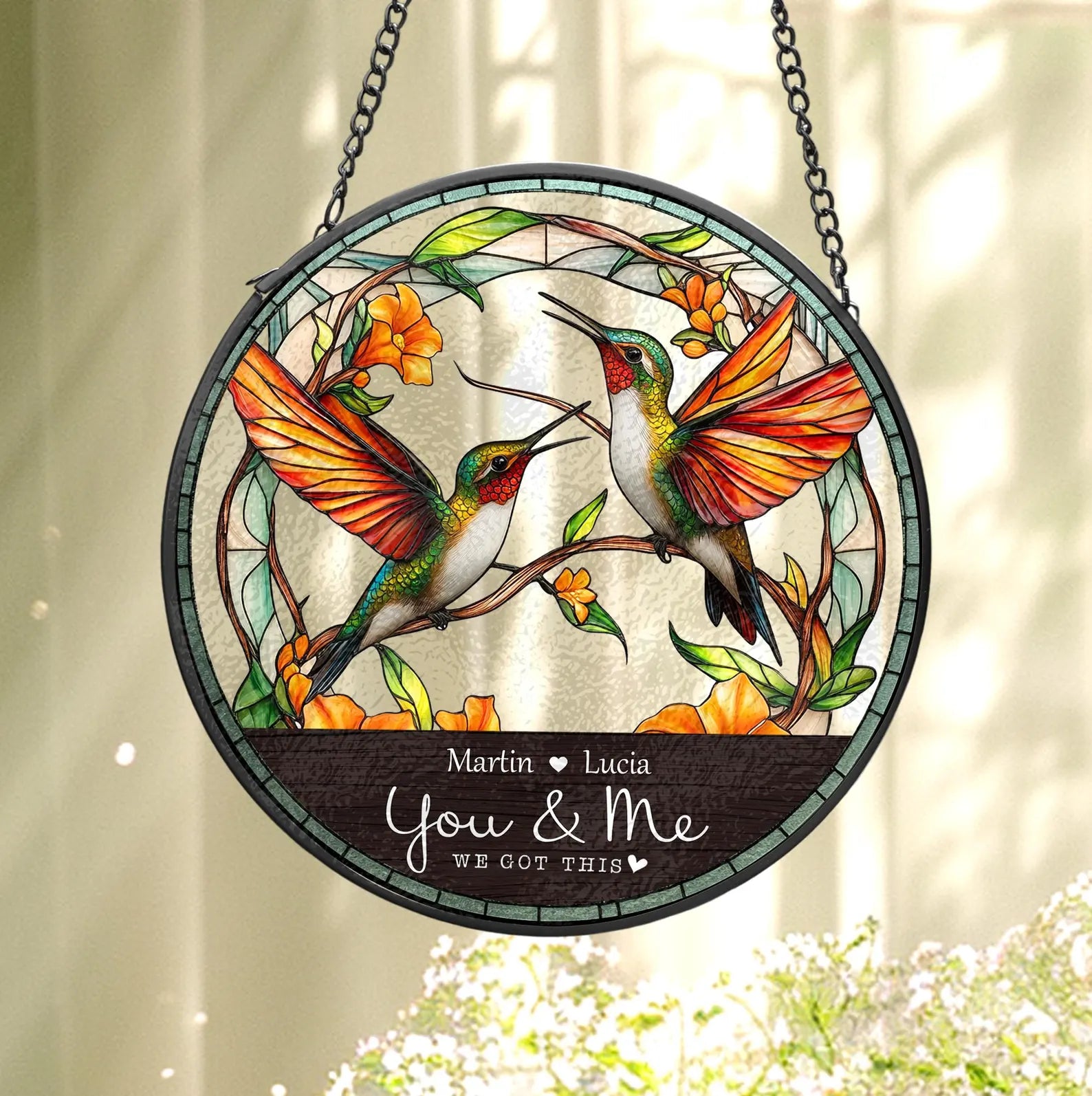 Personalized Hummingbird Couple Glass Suncatcher, Valentine Gifts, Hummingbird Glass Art, Gift For Couple, Anniversary Gift, Home Decor. SCBILUMIE3