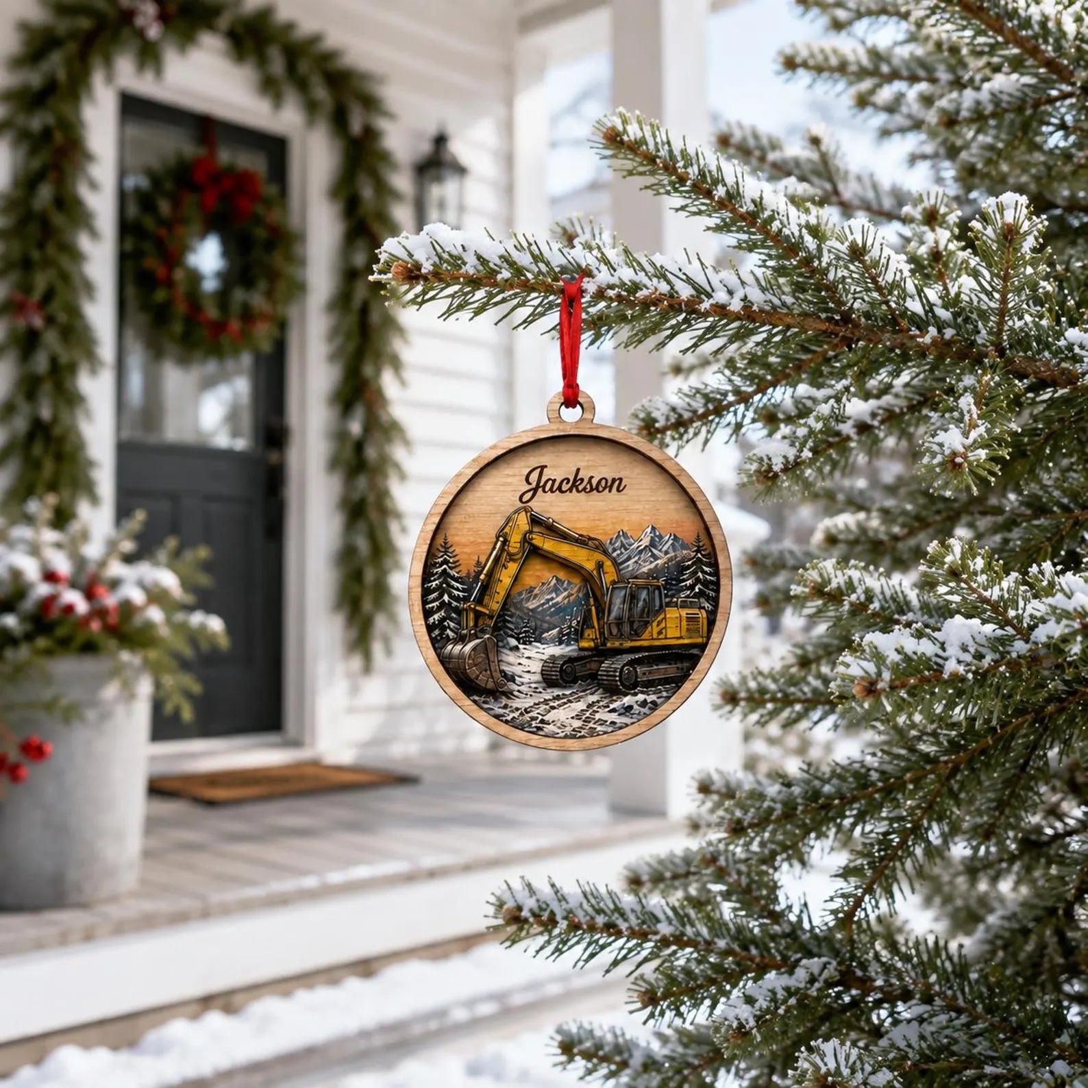 Personalized Excavator Wooden Ornament, Custom Name Construction Christmas Ornament, Digger Ornament, Heavy Equipment Gift for Boys	COBILUMIE97