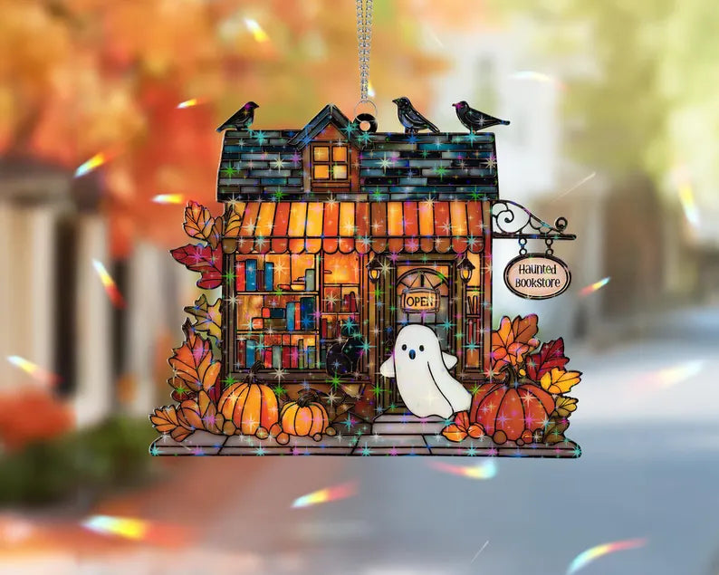 Halloween Haunted Bookstore Window Hanging, Halloween Ghost Window Hanging, Bookworm Gift, Fall Decor, Book Lover Gift, Spooky Home Decor, SCCBILUMIE3