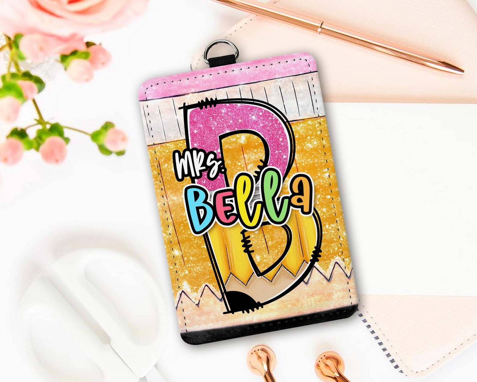 Custom Teacher ID Badge Holder, Faux Glitter Badge Holder, Gift For Teacher, Teacher Appreciation Gift, Back To School Gift From Student. BHBILIMIE2