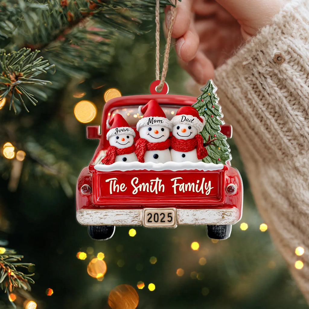 Custom Snowman Family Ornament, Up To 12 Snowmen Ornament, Red Truck Ornament, Family Christmas Gift, Holiday Keepsake, Christmas Tree Decor COBILUMIE51