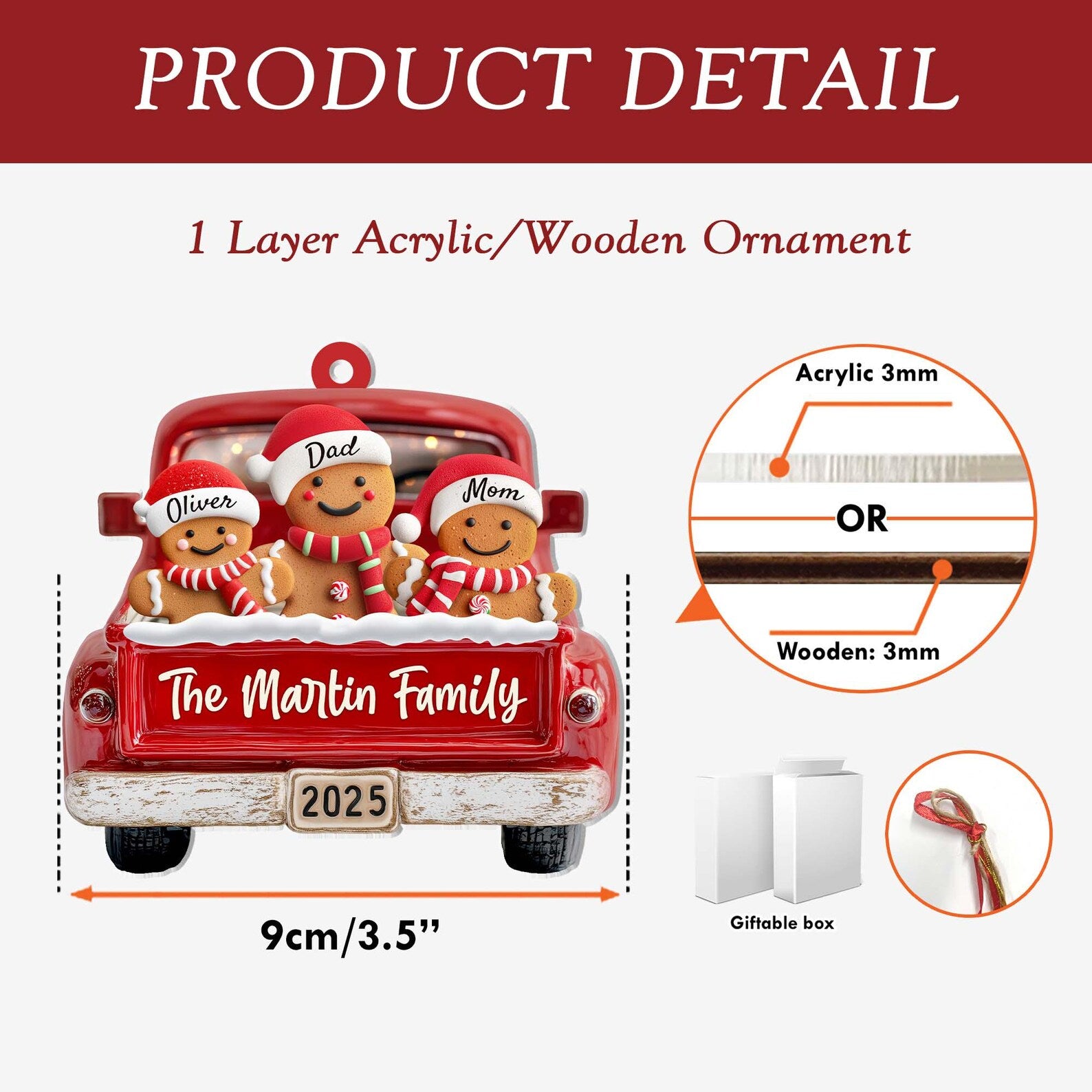 Custom Gingerbread Family Christmas Ornament, Custom Red Truck Ornament, Family Christmas Gift, Holiday Keepsake, Christmas Tree Decor. COBILUMIE40
