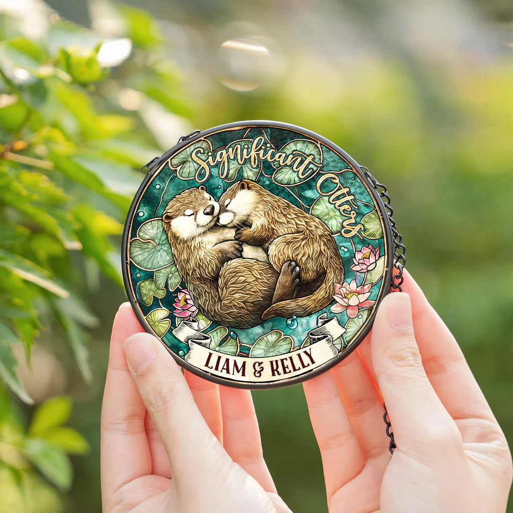 Personalized Otter Couple Glass Suncatcher, Animal Glass Suncatcher, Valentine Gifts, Anniversary Gift, Gift For Couple, Otter Gift. SCBILUMIE6