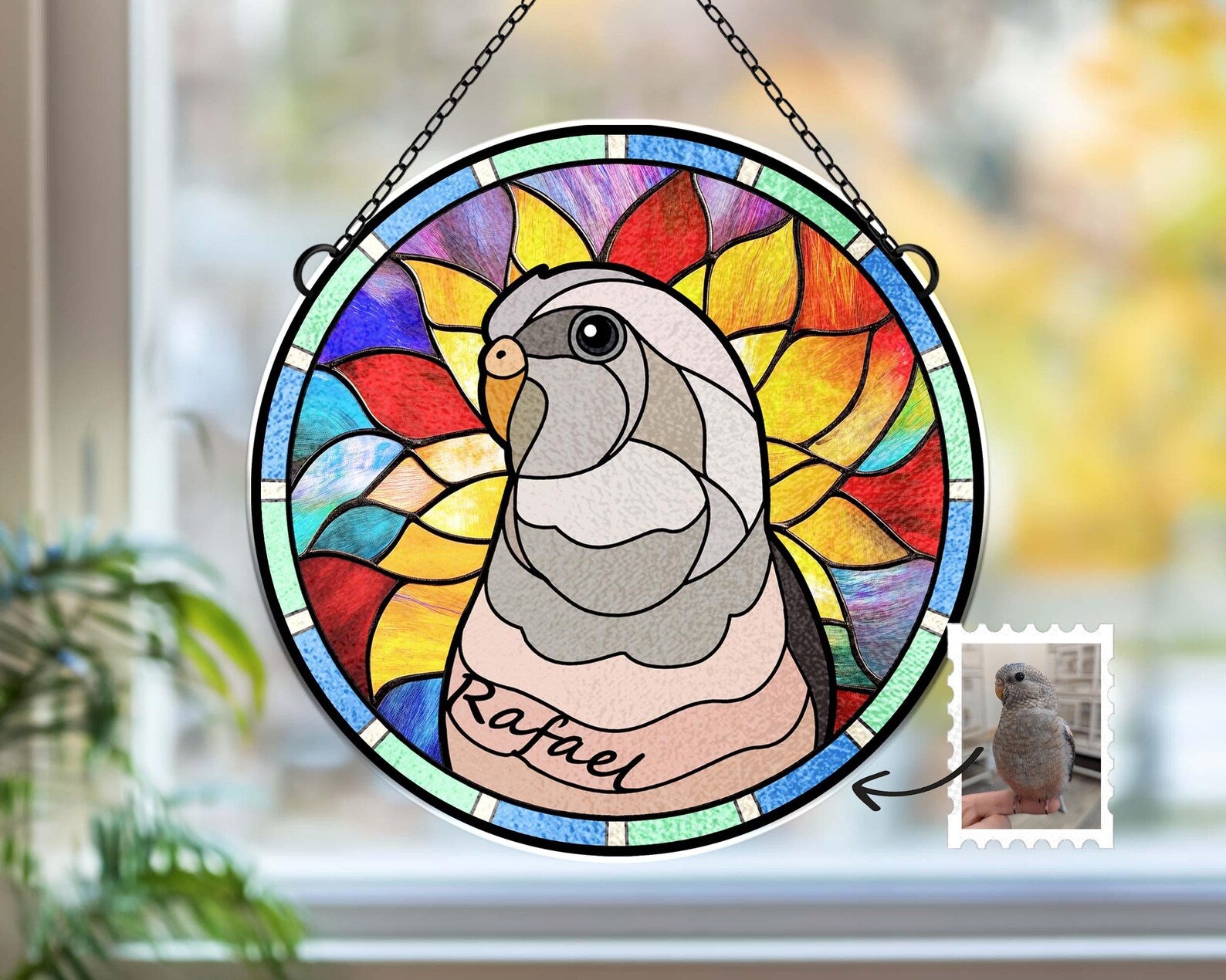 Personalized Parrot Portrait Glass Suncatcher, Bird Memorial Gift, Pet Portrait From Photo Suncatcher, Bird Lover Gift, Pet Memorial Gift. SCCBILUMMIE33