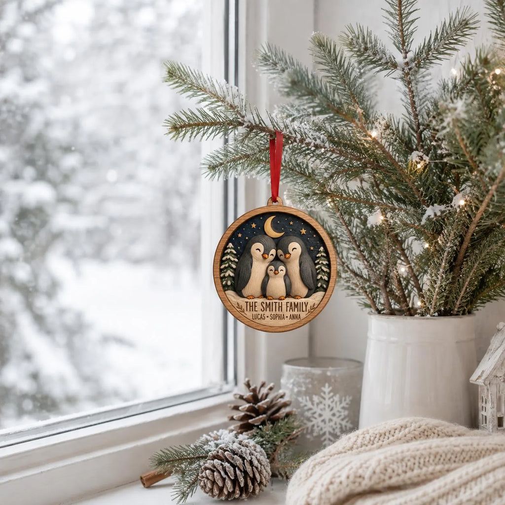 Personalized Penguin Family Wooden Ornament, Custom Family Christmas Ornament, Penguin Christmas Gift, Family Name Keepsake	COBILUMIE100