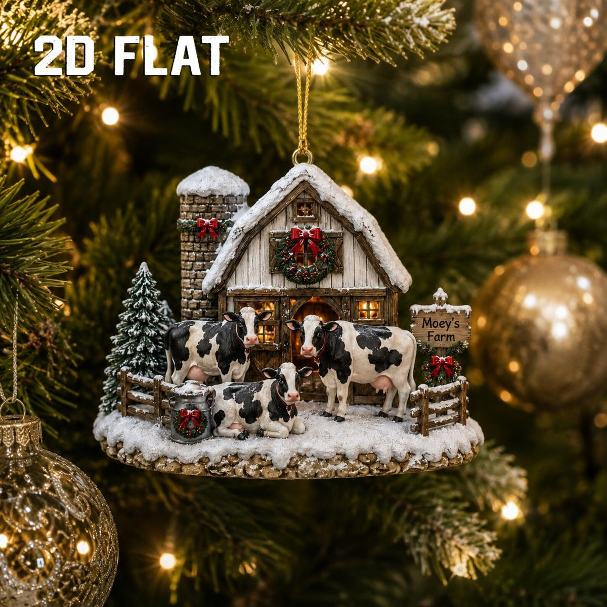 Personalized 2D Flat Cow Christmas Ornament, Custom Farm Name Wooden Ornament, Farmhouse Christmas Decor, Cow Lover Gift, Ranch Keepsake	COBILUMIE89