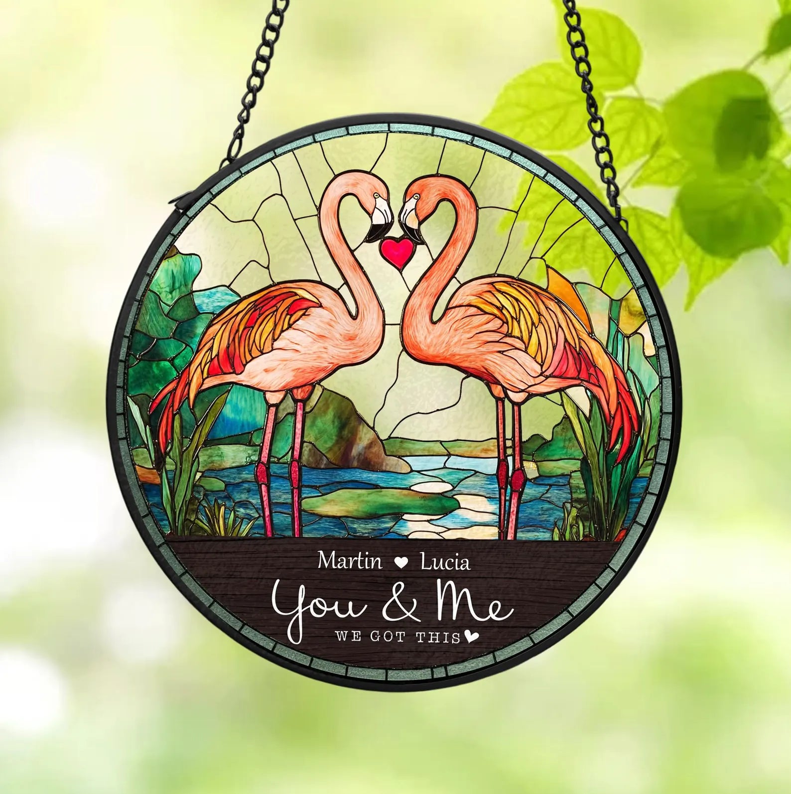 Custom Pink Flamingo Couple Glass Suncatcher, Flamingo Glass Art, Gift For Couple, Flamingo Decor, Flamingo Lover Gift, Valentine Gifts. SCBILUMIE7