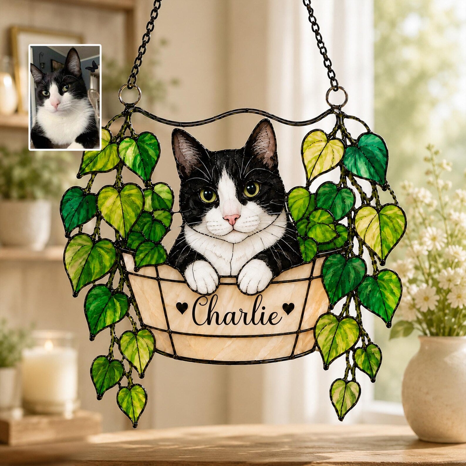 Personalized Cat Portrait Glass Suncatcher, Pothos Plant Suncatcher, Cat Lover Gift, Botanical Glass Art, Cat Mom Gift, Window Hanging. SCCBILUMMIE6
