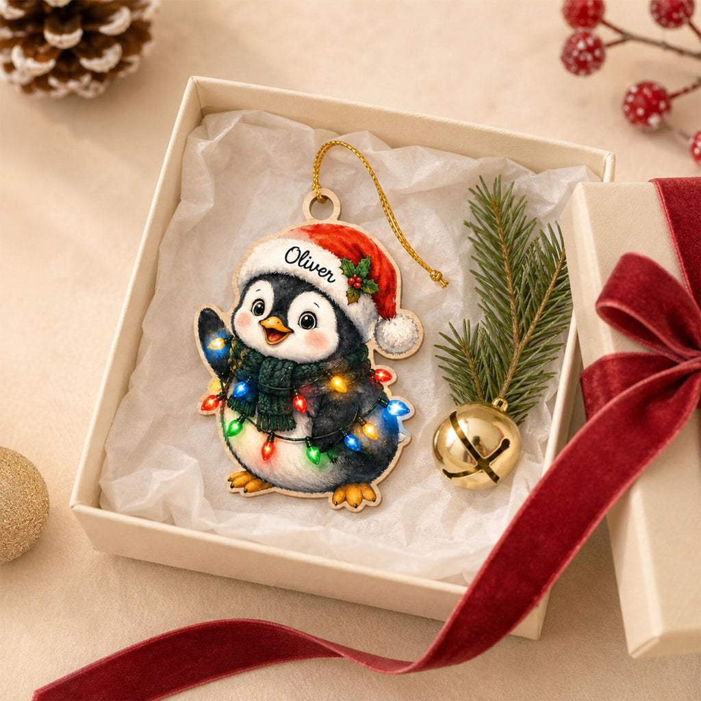 Personalized Penguin Wooden Ornament, Custom Name Christmas Ornament, 2D Flat Penguin Christmas Gift, Kids Holiday Keepsake	COBILUMIE106