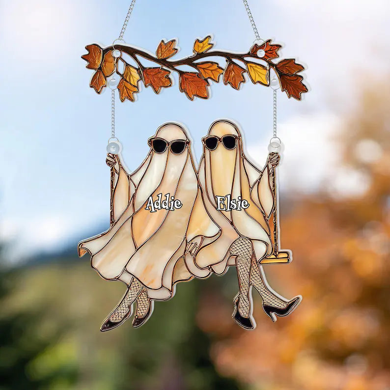 Custom Halloween Ghosts Suncatcher – Best Friends Gift, Ghost Besties Halloween Decor, Spooky Bestie Gift, Halloween Window Hanging, SCCBILUMIE2