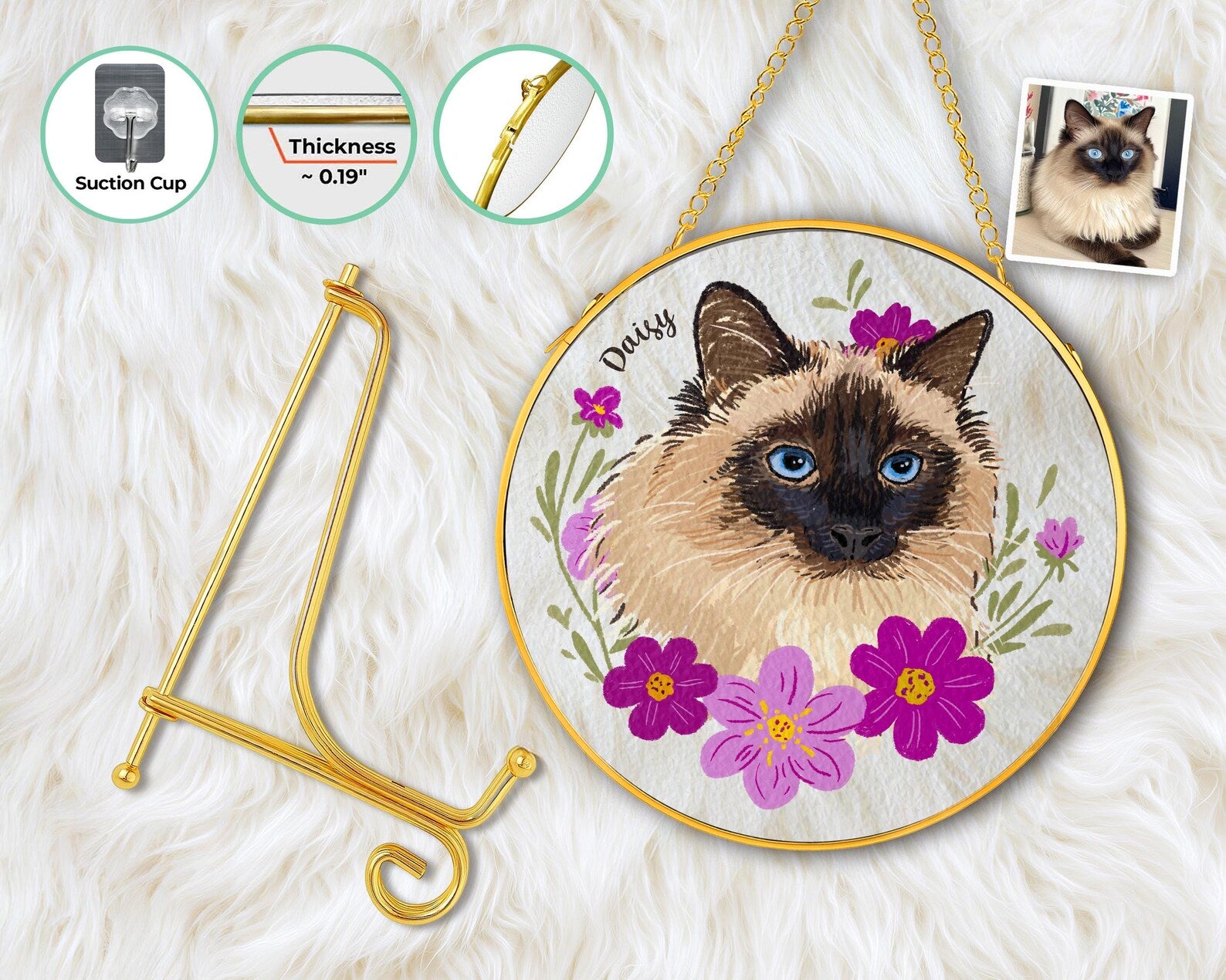 Custom Cat Portrait Glass Suncatcher with Gold Frame & Stand, Pet Memorial Gift, Cat Mom Gift, Loss Of Pet Sympathy Gift, Christmas Decor. SCCBILUMMIE34