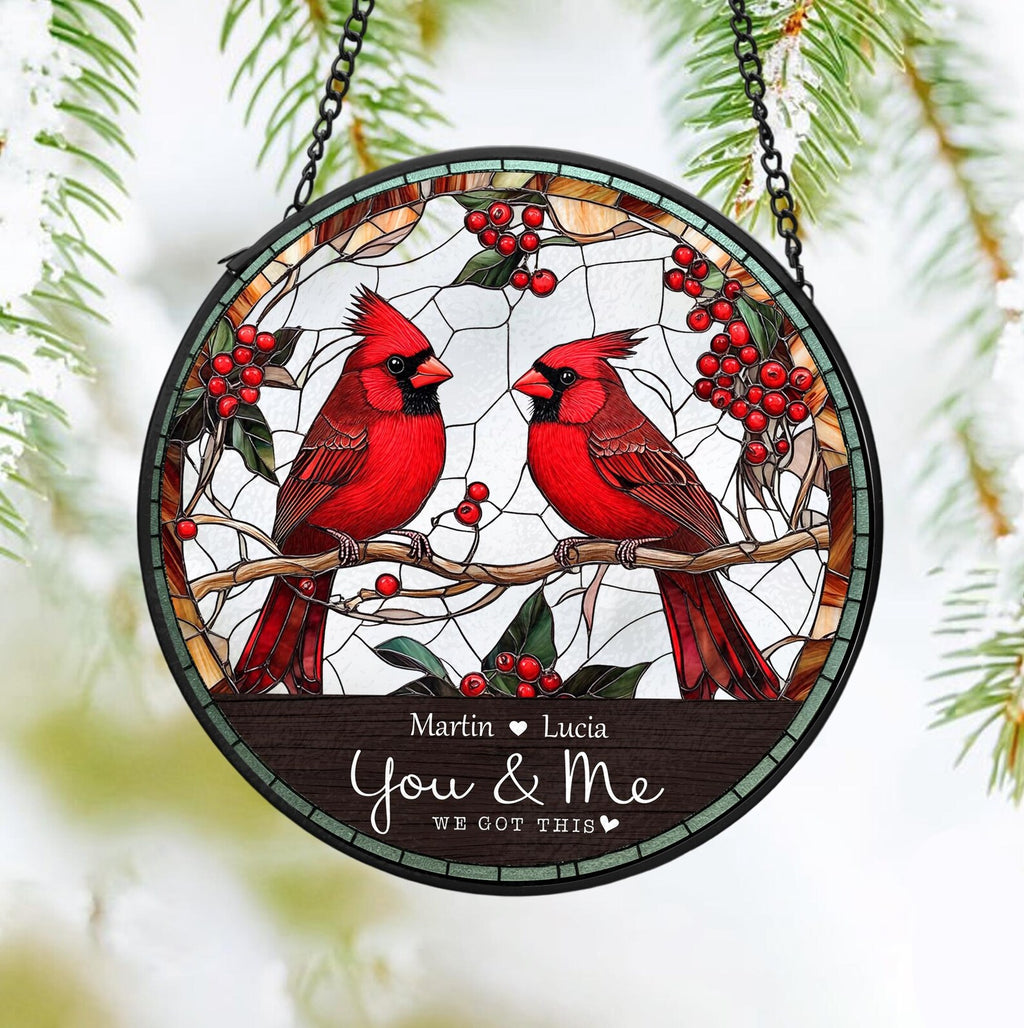 Personalized Cardinal Couple Glass Suncatcher, Cardinal Glass Art, Valentine Gifts, Anniversary Gift, Gift For Couple, Home Decor. SCBILUMIE1